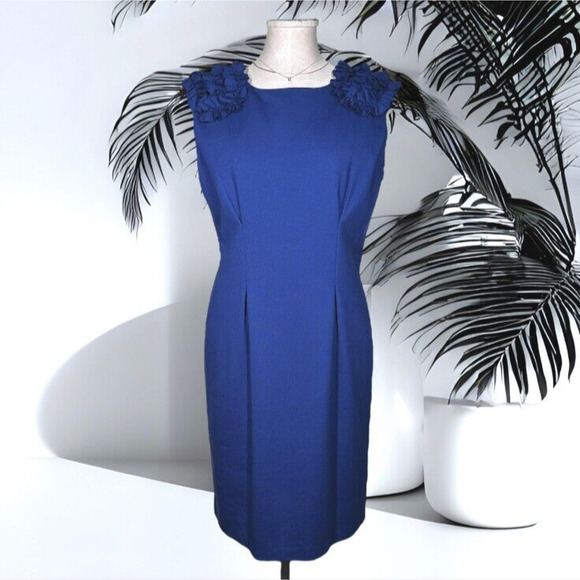 New $248 TRINA TURK Rosette Ruffle Blue Dress Pleated Sheath Career Wedding 10 - Picture 11 of 11
